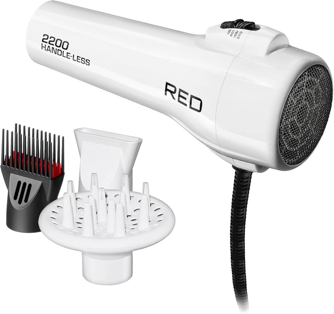 Red by KISS HandleLess Blow Dryer 2200W Ceramic Tourmaline White Color, 3 Heat Settings, Pik and Diffuser Included Comfortable Grip, Ionic for Frizz-Free Shine, Detangler & Straightening, White