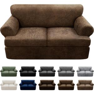 3-Pieces T Cushion Loveseat Slipcovers Leather Look Couch Cover Loveseat Covers for 2 Cushion Couch Furniture Protector Stretch Sofa Cover with 2 Individual T Cushion Seat Covers, Brown