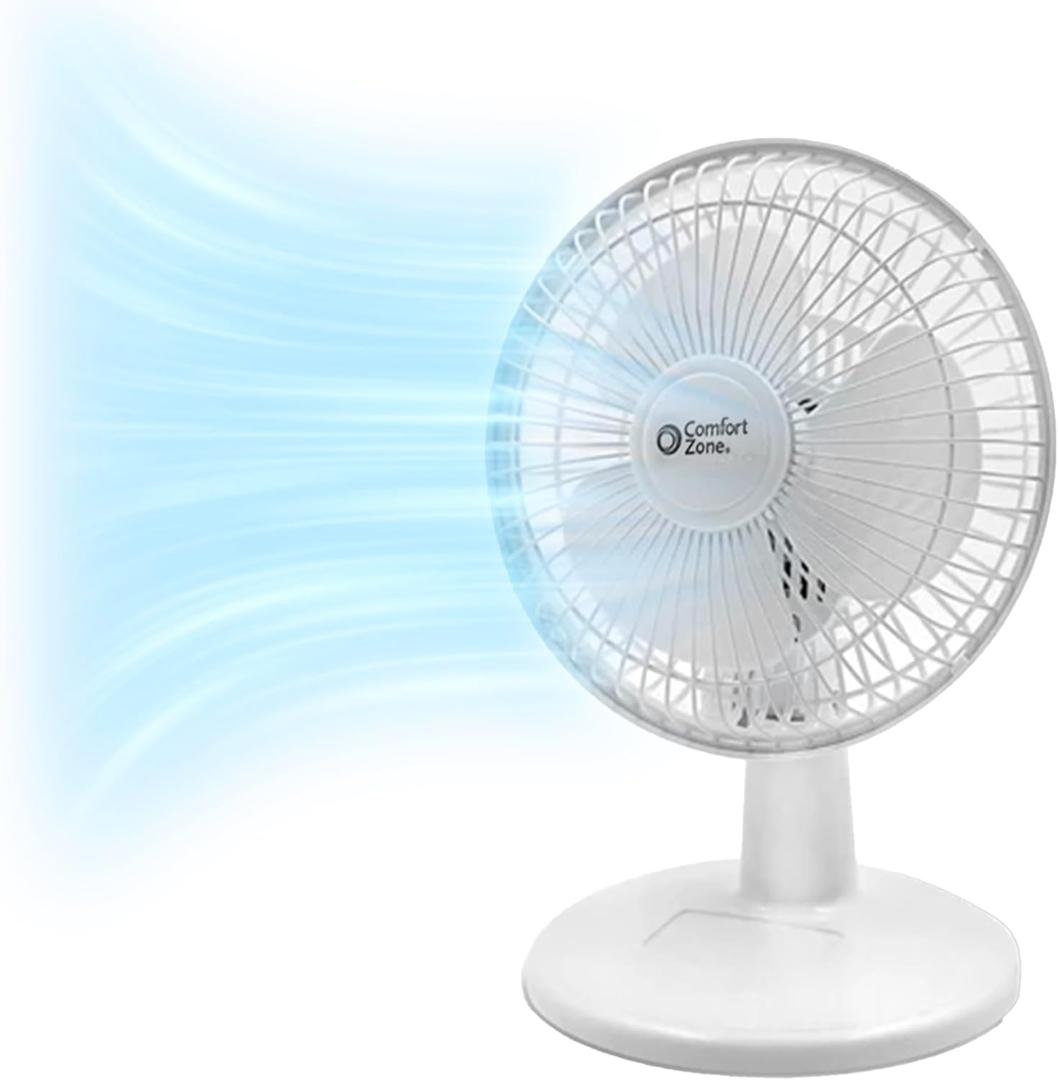 Comfort Zone 6-inch Mini Desk Fan with Fully Adjustable Tilt, Portable 2 Speed Tabletop Fan, Quiet Bedside or Office Fan with Stable Base, White