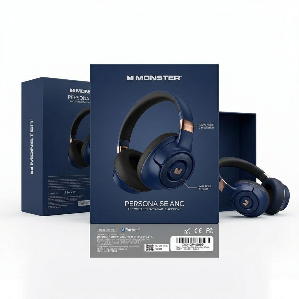 Monster Persona SE ANC Active Noise Cancelling Headphones, Bluetooth Headphones Over Ear, 60H Playtime, HiFi Stereo Audio, Deep Bass, Builtin Mic, Wireless Headsets for Home Office(Blue)