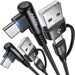 AINOPE 60W 4 in 1 Charging Cable for iPad & USB C Devices, Right Angle Type C Cord Carplay Cable Fit iPhone 16 Pro Series, 2 Pack 6.6Ft Black