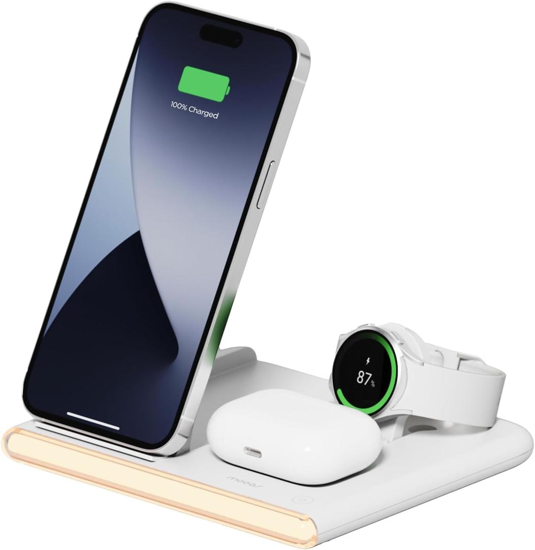 mooas Flip Square 3 in 1 Fast Wireless Charging Nightlight (White), 2 Color 3 in 1 Wireless Charger, Compatible with iPhone 12/13/14/15, Galaxy S21, S22, S23, S24, Apple Watch Galaxy Watch