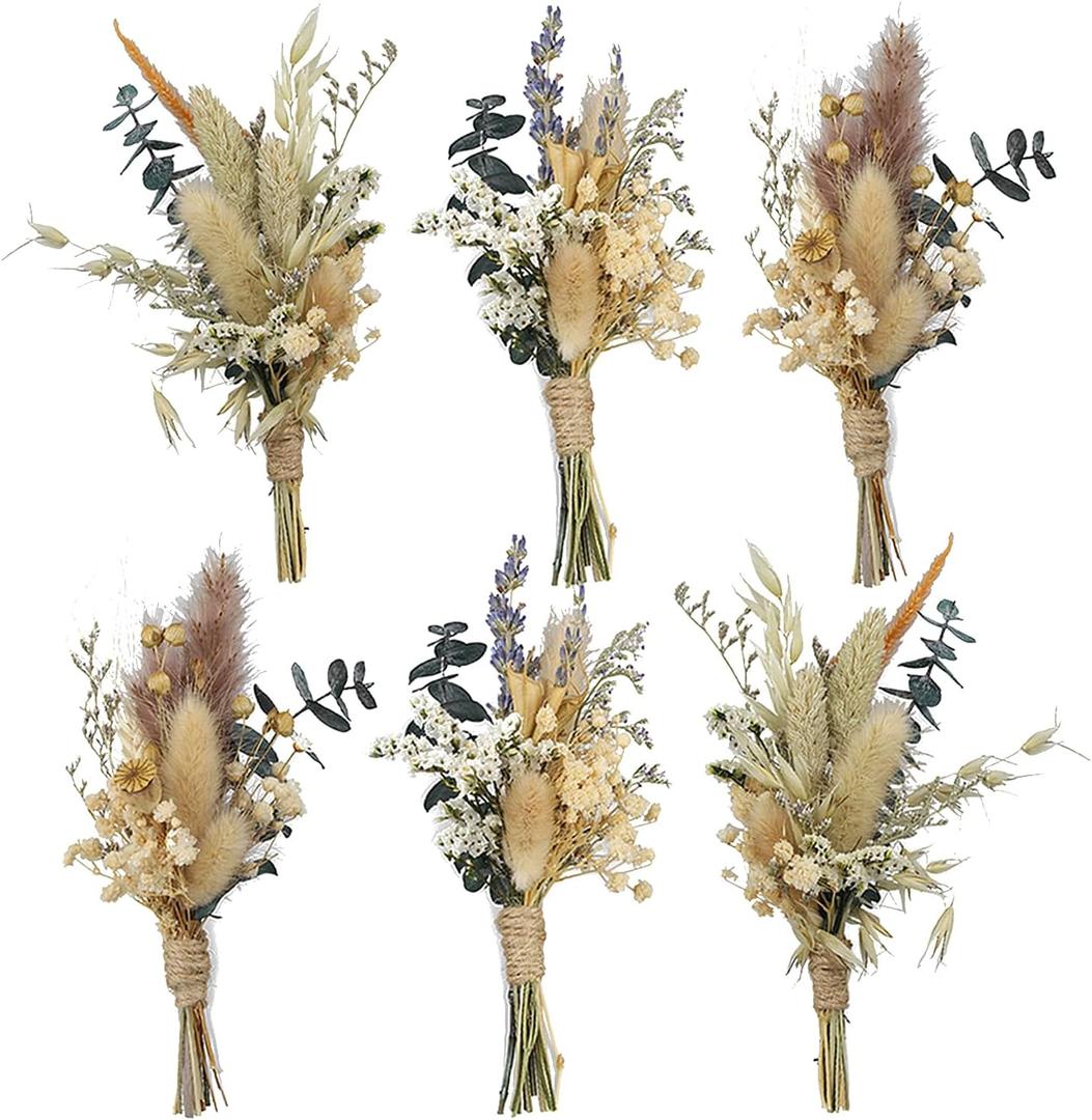 Rinlong 6Pcs Assorted Dried Flower Boutonniere for Men Lavender Boho Rustic Wedding Fall Groom Boutonnieres with Pins for Prom Homecoming Wedding
