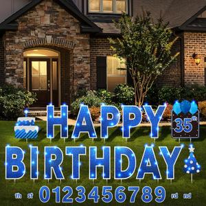 Yerliker 16 Pcs Happy Birthday Yard Signs with Stakes, 32.8 ft LED Lights, 42 Pcs Number Stickers, 13.4 Inch Letters Signs for Birthday Party Supplies Yard Lawn Outdoor Decoration(Royal Blue)