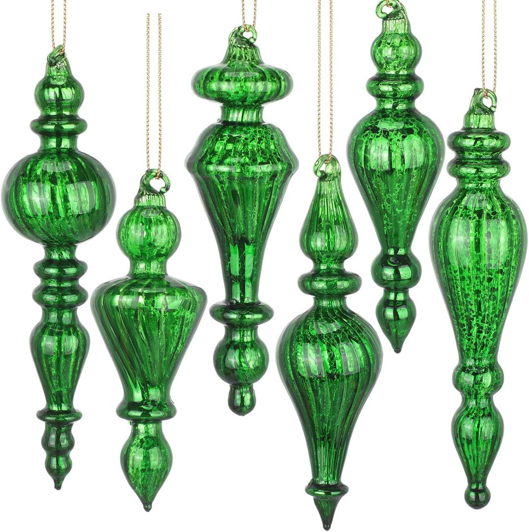 6 Pcs Crystal Glass Finial Christmas Ornaments Large Hanging Christmas Finials Hanging Christmas Tree Decorations for Xmas Tree Decoration Holiday Decor (Green)