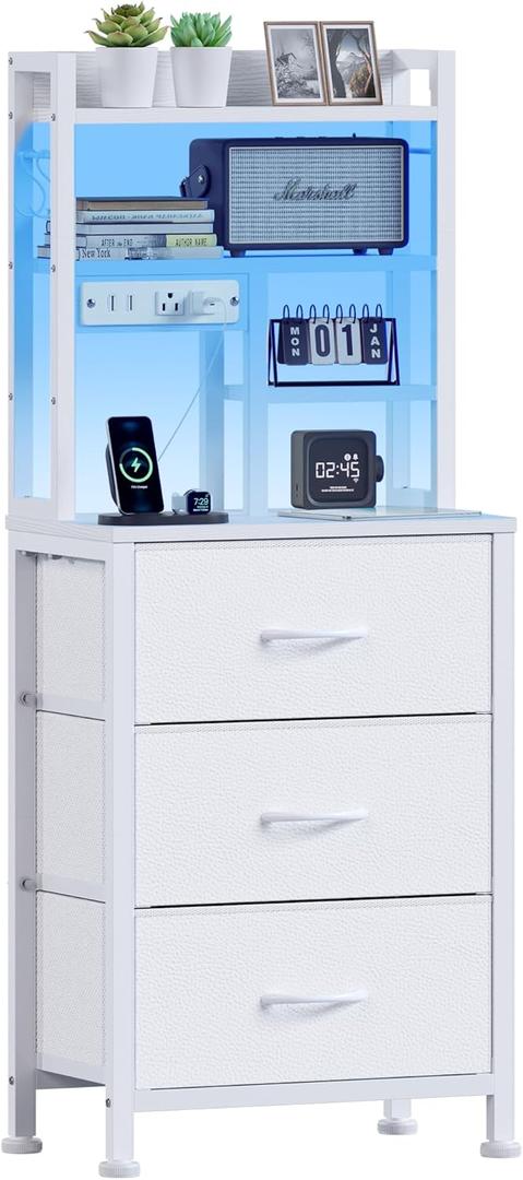 Furnulem Tall Nightstand with LED Lights and 3 Tier Shelves, Night Stand with 3 Fabric Drawers, 45.3inch Tall Bedside Tables with USB Ports and Outlets in Bedroom, Dorm, Office (White)