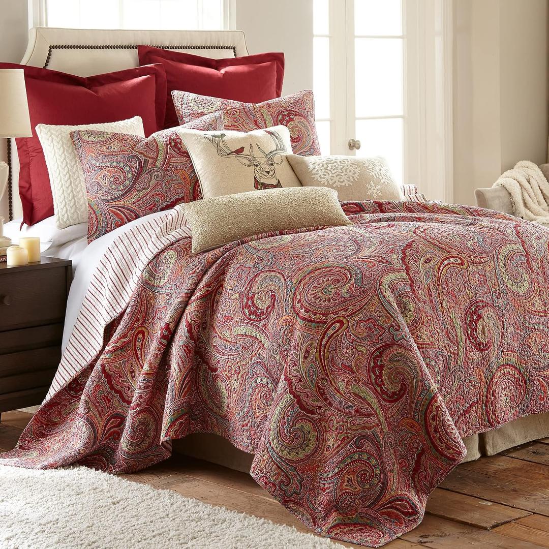 Levtex Home - Spruce Red Quilt Set - Full/Queen Quilt (88x92in.) + Two Standard Pillow Shams (26x20in.) - Paisley Pattern in Burgundy, Red, Tan, Grey - Reversible - Cotton