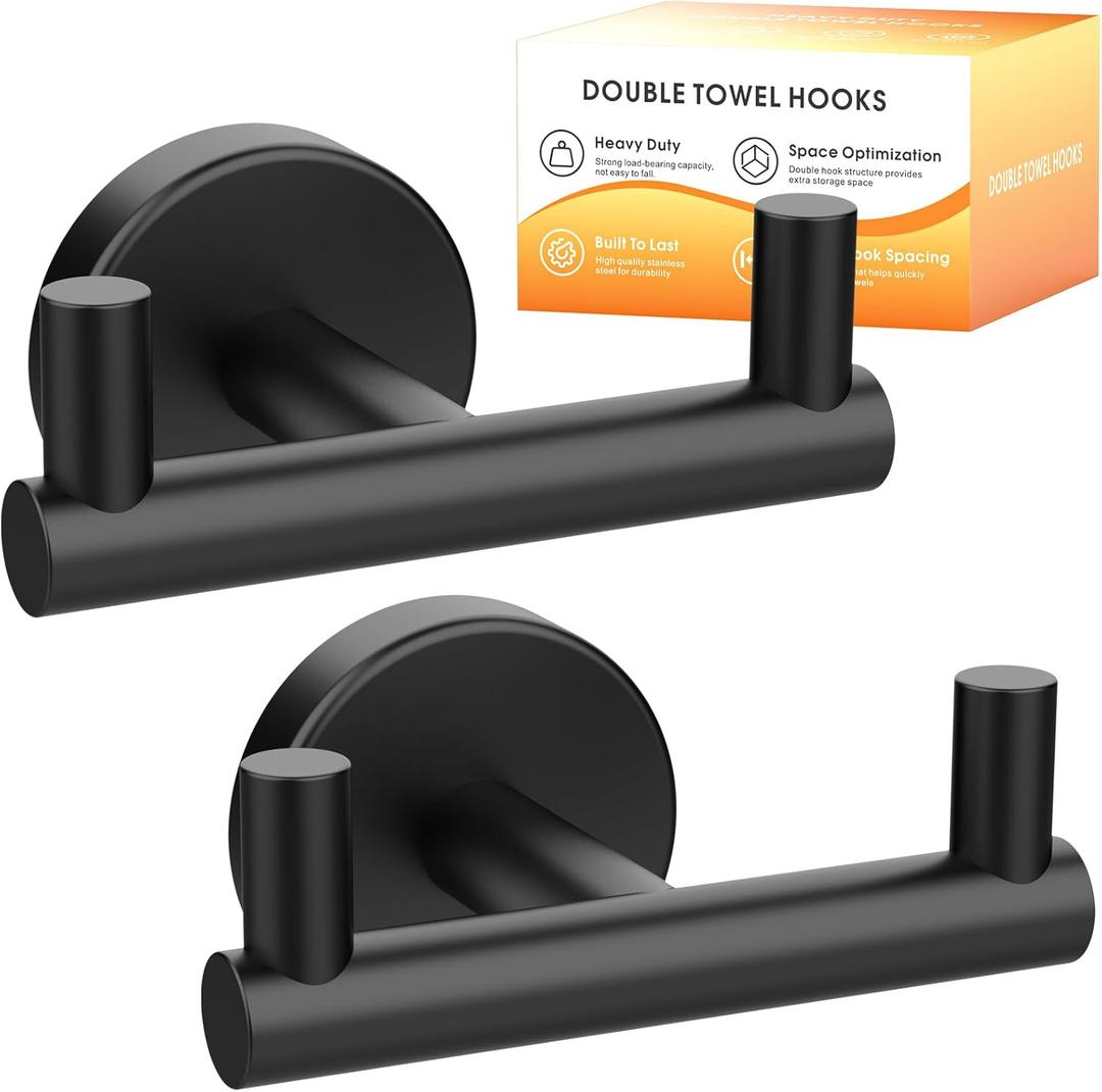 Towel Hooks for Bathrooms,Towel Hanger,Heavy Duty Wall Hook for Kitchen Bathroom,Robe Hook, Black Towel Holder Hooks for Hanging Towels,Coats,Bathrobe,Clothes,Loofah-Black(2 Pack)