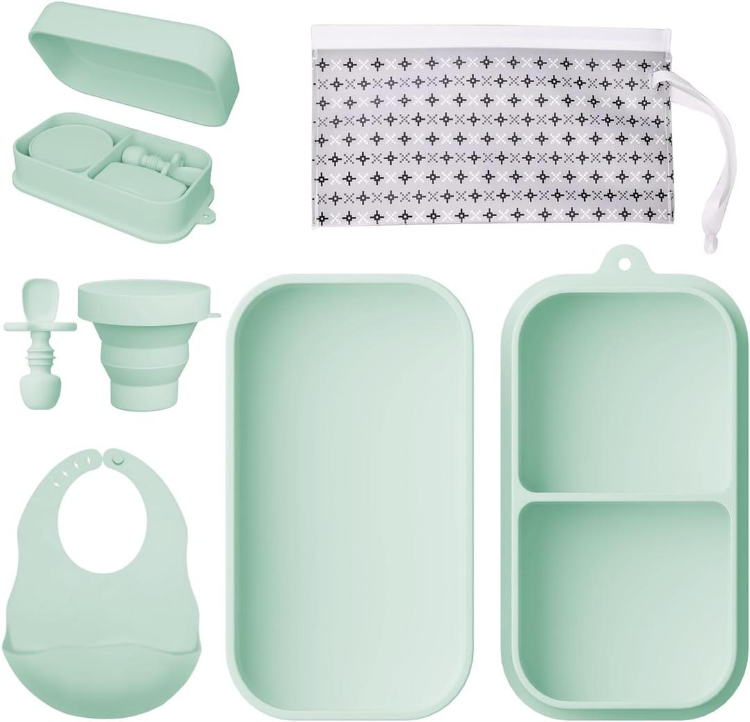 Travel Silicone Baby Feeding Set Portable Toddler Feeding Supplies Toddler Plates and Bowls Set Baby plates with Suction With spoon and cup, bib and waterproof storage bag