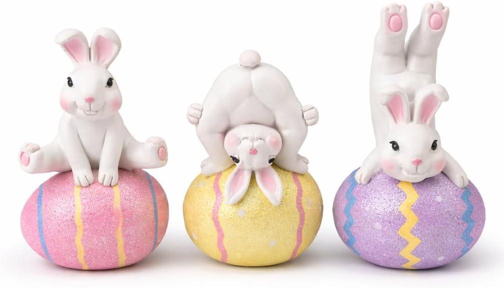 GoGnome Easter Decoration Indoor, Set of 3 Resin Easter Bunny Figurines on Pastel Eggs – 6.5''H Playful Rabbit Spring Decor for Shelf, Mantel & Tabletop (Pink/Yellow/Purple)
