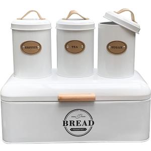 SOTECH Large Bread Box and 3 Pieces with Sugar Tea Coffee Containers Set,Vintage Metal Bread Boxes for Kitchen Counter Extra Large,Farmhouse Kitchen Decor(White Bread Box)