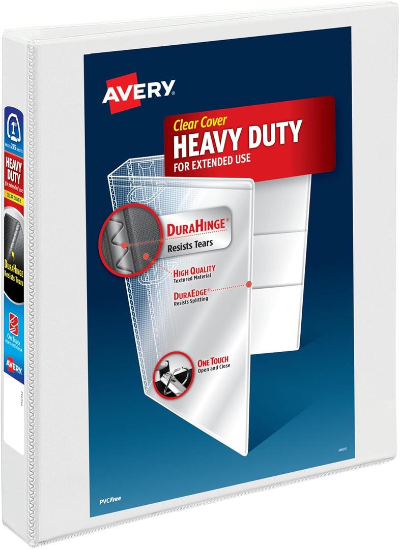 Avery Heavy-Duty View 3 Ring Binder, 1 Inch One Touch EZD Rings, 275-Sheet Capacity, 1.4 Inch Wide Spine, Customizable Clear Cover and Spine, 1 White Binder (79199)