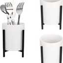 JUXYES Pack of 3 Ceramic Silverware Holder For Party Table, White Cutlery Holder Holder With Black Metal Bracket, Small Flatware Caddy Organizer Utensil Holder Organizer for Kitchen Dining Tables