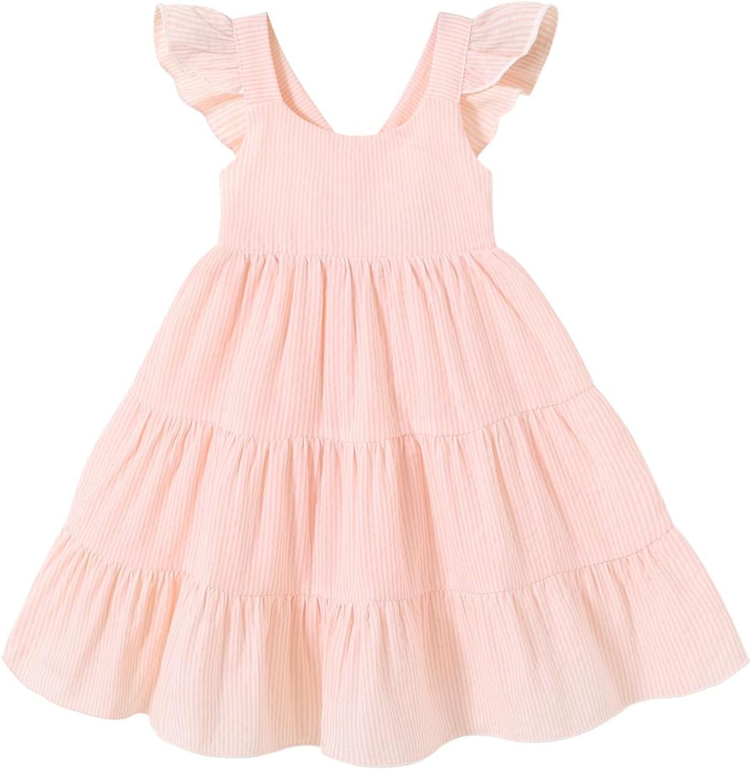 YOUNGER TREE Toddler Baby Girls Dress Summer Ruffle Sleeve Halter Casual Kids Beach Sundress (18-24 Months, Pink Stripe)