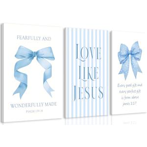 Blue Bow Jesus Canvas Wall Art Decor, Light Blue Coquette Dorm Room Wall Decor Paintings, Inspirational Bible Verses Posters Prints Pictures for Girls Dorm Room, Bedroom, Bathroom 12x16 Inch Framed (16Lx12W)