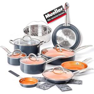 Mueller UltraClad Copper Pots and Pans Set, 14-Piece Kitchen Cookware Set, Non-Stick Coating, Aluminum Body, Includes Fry Pans, Deep Frying Pan, Sauce Pans, Dutch Oven and More
