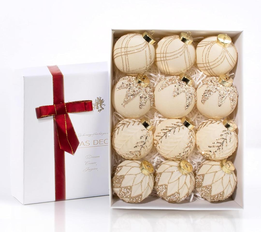 12PCS Velvet Glitter Christmas Ball Ornaments, 3.15 Inches Luxury Christmas Decorations, Elegance Modern Hanging Ornaments for Xmas Tree, Party, Wedding, Home Decor (White)