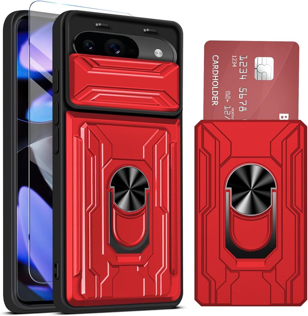 for Google Pixel 10/10 Pro & Pixel 9/9 Pro Case Wallet, Built-in Card Holder Case with Stand, Heavy Duty Shockproof Full Body Kickstand Cover, Phone Case with Screen Protector Red