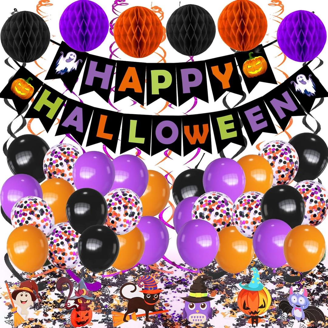 Happy Halloween Banner Paper Honeycomb Ball Swirl Streamers Circle Confetti Dots Balloons Pumpkin Ghouls Bat Cat for Halloween Party Decorations Indoor Outdoor Wall Door Decoration