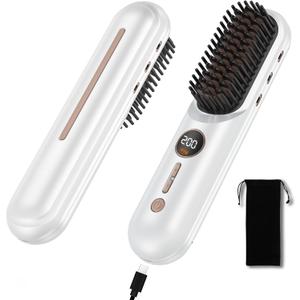 Cordless Straightener Brush, Portable Mini Hair Straightening Brush for Travel, Rechargeable 9000 mAh USB-C, Lightweight Anti-Scald Heated Styling Tools & Appliances (White)