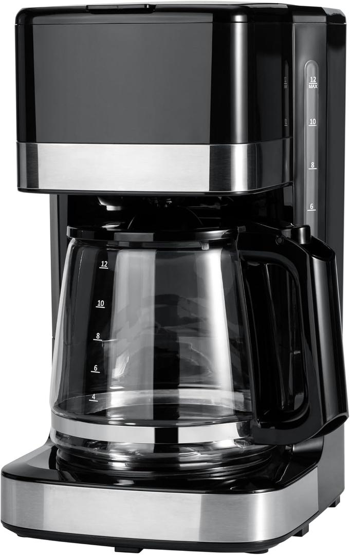 Amazon Basics 12 Cup Drip Coffee Maker with Glass Carafe (1.9 Qt), Auto Shut-off, Auto Pause, Removable Filter Basket, Black & Silver
