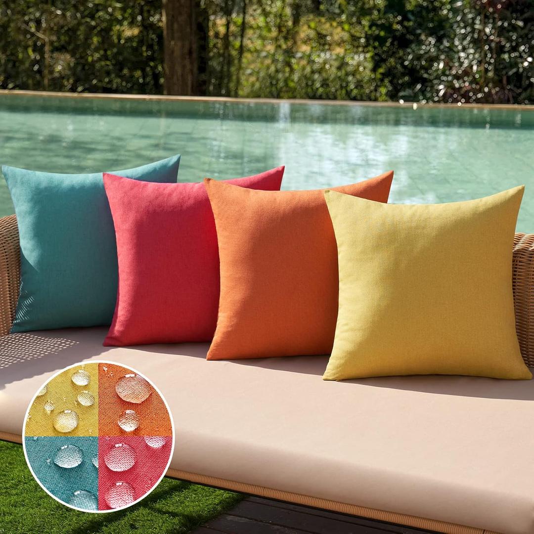 MIULEE Pack of 4 Decorative Outdoor Throw Pillow Covers Linen Waterproof Pillow Covers Summer Farmhouse Cushion Cases for Patio Garden Tent Balcony Couch Sofa 16x16 Inch Red/Turquoise