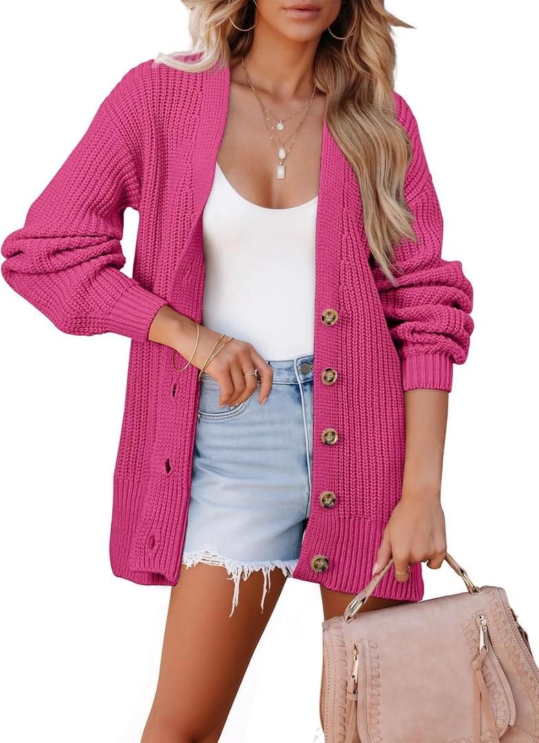 SHEWIN Pink Cardigan Sweaters for Women Trendy Casual Button Down Open Front Long Cardigans for Women Slouchy Comfy Womens Sweaters Strawberry Pink Large