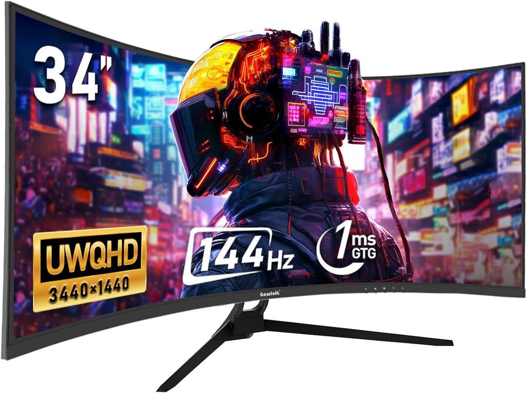 Gawfolk 34 Inch Ultrawide Curved 144Hz Gaming Computer Monitor 1500R PC Screen 21:9 UWQHD (3440x1440),Adaptive Sync,178 Viewing Angle,Display Port 1.4HDMI 2.0,Compatible with Wall mounting -Black