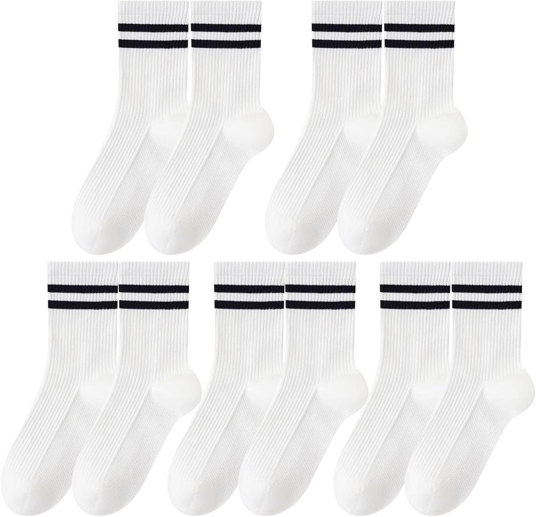 5 Pairs Solid Color Two Stripe Crew Socks Casual Athletic Socks for women Girls (6-10, White)