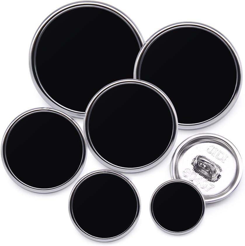 SEMINI 36 Pieces Mixed 6 Sizes Metal Button Alloy Shank Button Round Shaped Sewing Button for Women Men Suit Woolen Coat Shirt Trousers Sewing Crafts (Style169 Silver Black)