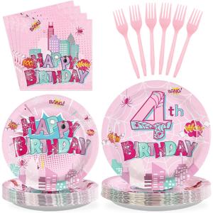 Grencian 96 Pcs Pink Spider Birthday Party Supplies Spider Web 4th Birthday Paper Plates Super Girl Hero Party Decorations Tableware for Kids Girls Four Year Old Party Decorstions Serves 24