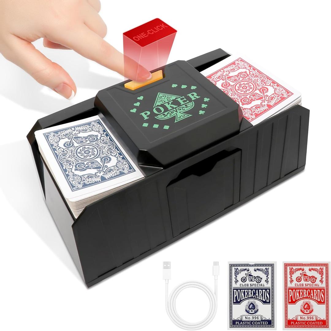 2 Deck Automatic Card Shuffler (Includes Cards) with One Touch - Low Noise USB/Battery-Powered Electric Shuffler for Poker, Blackjack, UNO, Casino Games, Home Use