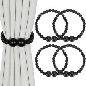 Magnetic Curtain Tiebacks, 4 Pack Curtain Holdbacks for Draperies, Wood Bead Curtain Tiebacks, Elegant Curtain Tie Backs for Bedroom Decor, Boho Room Decor, Nursery Decor, Farmhouse Decor (Black)
