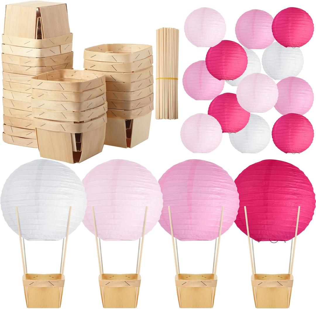 Namalu 24 Set Hot Air Balloon Baby Shower Centerpieces Paper Lanterns Wooden Candy Boxes with Sticks DIY Craft for Graduation Birthday Wedding Party Table Decoration(Hot Pink)