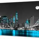 Jiuqinghua Wall Art Decor Canvas Print Picture 1 Panel Black White and Blue New York Brooklyn Bridge Cityscape Night Building Painting for Kitchen Office Home Decor Framed Ready to Hang 30x60inch