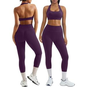OMKAGI 2 Piece Workout Sets for Women Halter Sports Bras Gym Sets Booty Leggings Outfits (Medium, Violet Purple)