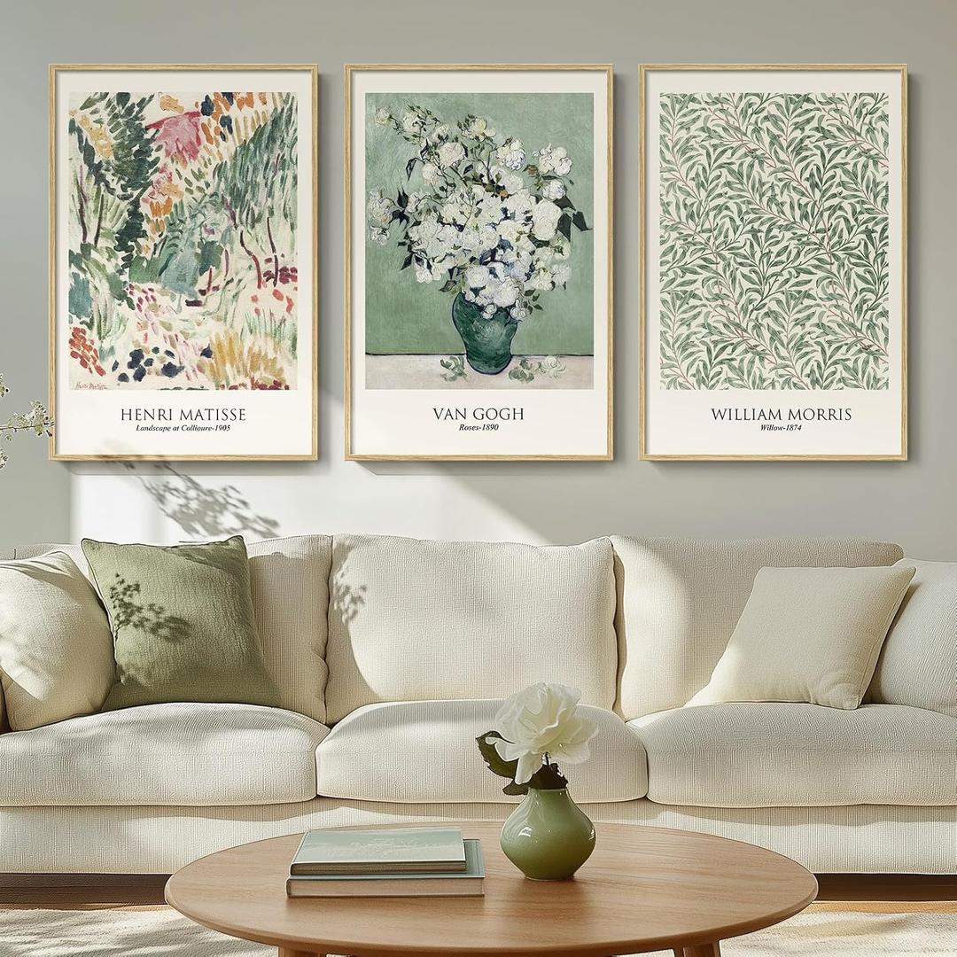 Framed Large Sage Green Vintage Matisse Wall Art Set, 3 Piece Canvas Famous Painting, Artwork for Walls, Modern Floral Botanical Wall Decor, 30x60 Inch, Living Room, Bedroom, Home Office