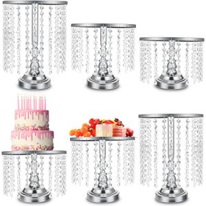 Bokon 6 Pcs Crystal Cake Stand Round Dessert Cupcake Holder Metal Stand Table Cake Pedestal with Crystal Pendant Wedding Bead Dessert Cupcake Pastry Display Plate for Wedding Birthday Party (Silver)