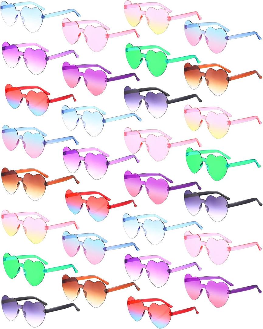 Yunsailing 30 Pcs Heart Glasses Bulk Heart Shape Sunglasses Rimless Color Sunglasses for Bachelorette Women Men Party Favors
