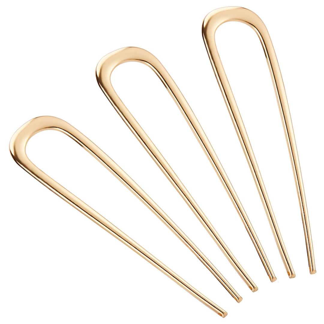 BEoffer French Hair Pin 3PCS Metal Hair Pins for Women Elegant French Twists, Buns and Updos with No Hair Damage, U-shaped French Pin Great Hold and Comfortable Keeps Hair in Place (Gold)