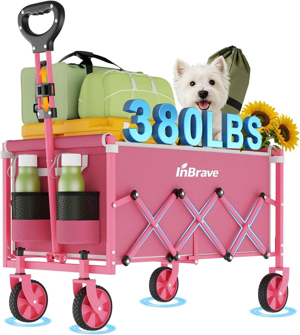 Collapsible Wagon Cart, 380LBS Heavy Duty Utility Wagons with All-Terrain Wheels, Foldable Grocery Carts for Gardening, Shopping, Beach, Camping,Pink
