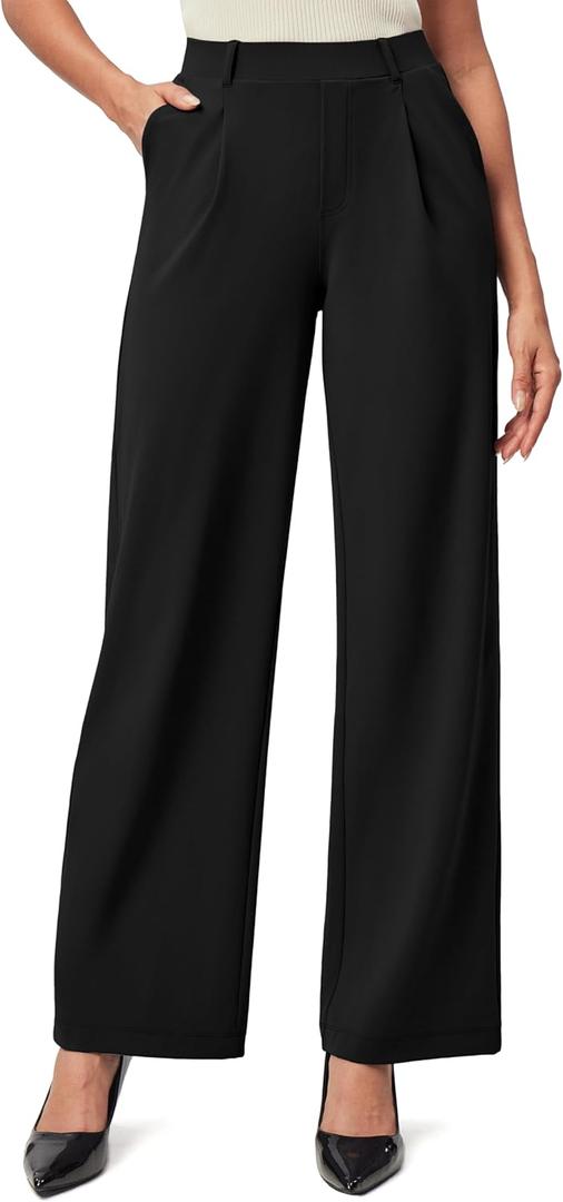 IUGA Womens Dress Pants Wide Leg Pull On Stretchy Work Pants Women High Waisted Business Casual Trousers with Pockets (Large, Black- Regular)