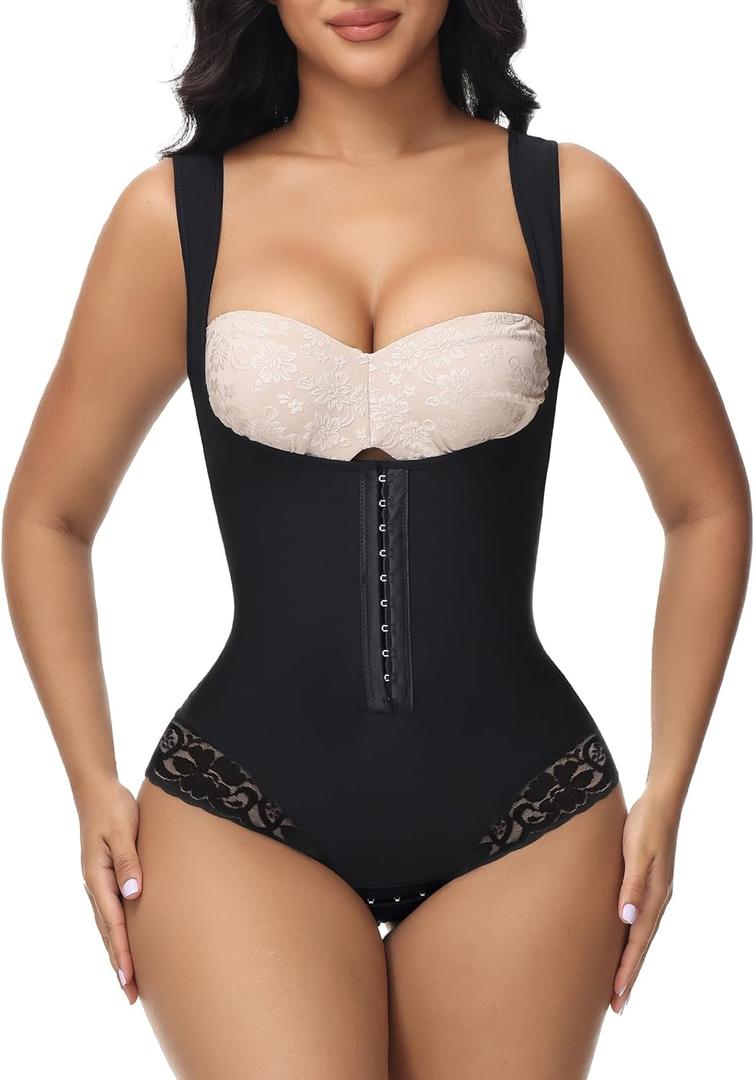 SHAPSHE Shapewear Bodysuit for Women Tummy Control Fajas Colombianas Waist Trainer Girdle Thong Open Bust Body Shaper (X-Small, Black)