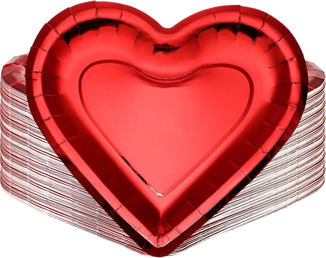 Cunhill Valentines Day Paper Plates Thick Heart Shaped Plates Red Disposable Party 10.6 Inch Large Thick Red Paper Salad Dessert Cake Bridal Shower Decorative for Wedding(50 Pieces)