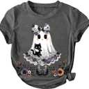 SHENHE Women's Ghost Shirt Funny Graphic Crewneck Short Sleeve Spooky Season Tee Top (Gray, XXL)