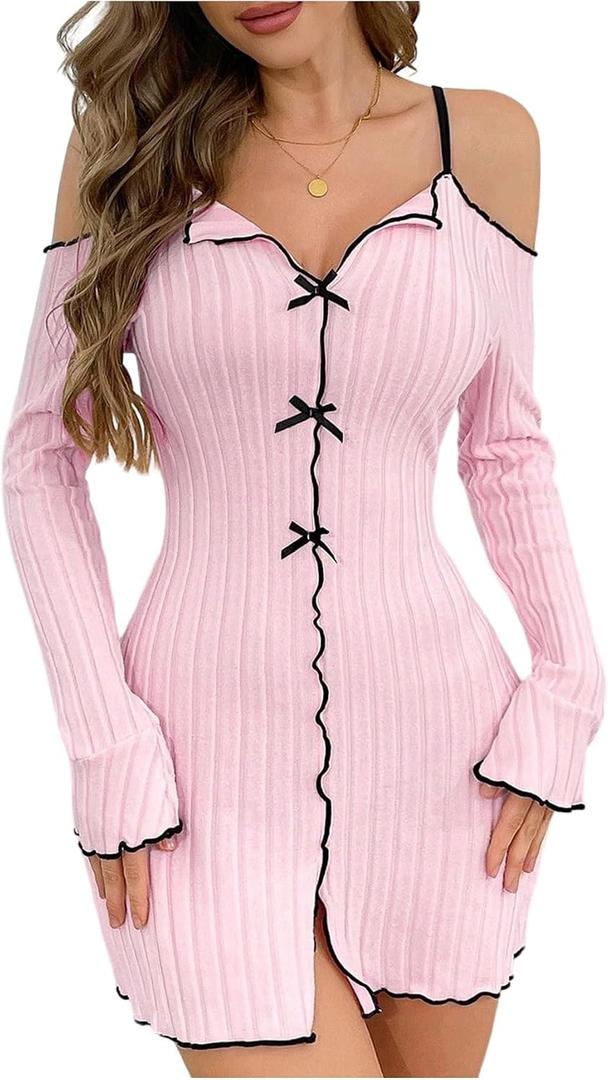 RoseSeek Women's Bow Nightgowns Lettuce Trim Cold Shoulder Slip Dress Ribbed Knit Sleepwear (Pink, M)