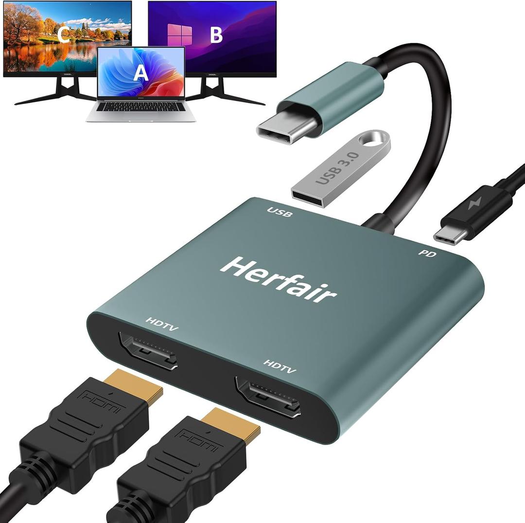 Herfair HDMI Splitter for Dual Monitors Extended Display 1 in 2 Out 4K USB C to 2 HDMI Adapter Extender for MacBook Laptop Support All Mode for Windows & ABB Extend/Mirror Mode for MacOS