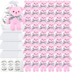 Wettarn 50 Sets Small Tiny Plush Bear Bulk 4.72 Inch Mini Stuffed Animals Small Bear Party Favors with Thank You Tags and Mesh Bags for DIY Keychain Birthday(Pink)