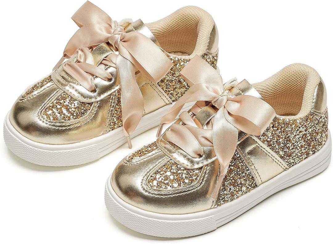 Kiderence Toddler Girls Sneakers Slip On Fashion Glitter Tennis Shoes (Gold)