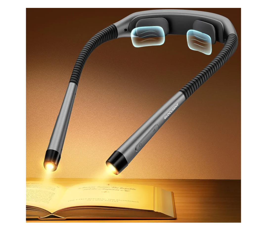 Glocusent Ergonomic Reading Light, 1600mAh Rechargeable Book Light for 100 Hrs - 3 Colors & 5 Brightness, Neck Light with Timers, Sleep Aid & Travel Lock, Perfect for Reading, Knitting & Craft